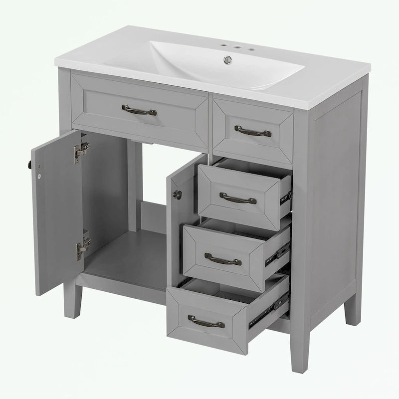 Meuble-lavabo de salle de bain 36 po en bois d'hévéa gris/blanc/noir avec évier en céramique, armoire à 2 portes et 3 tiroirs