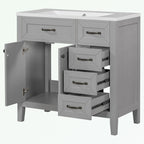 Meuble-lavabo de salle de bain 36 po en bois d'hévéa gris/blanc/noir avec évier en céramique, armoire à 2 portes et 3 tiroirs