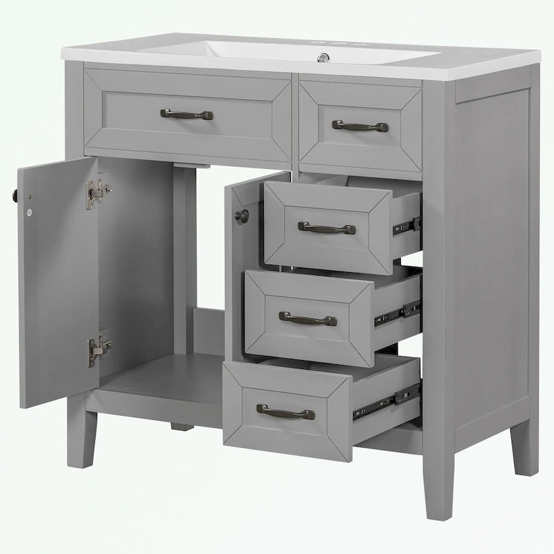 Meuble-lavabo de salle de bain 36 po en bois d'hévéa gris/blanc/noir avec évier en céramique, armoire à 2 portes et 3 tiroirs