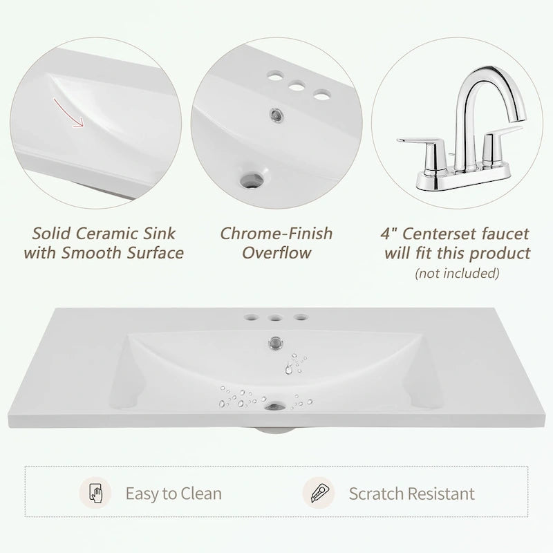 Meuble-lavabo de salle de bain 36 po en bois d'hévéa gris/blanc/noir avec évier en céramique, armoire à 2 portes et 3 tiroirs