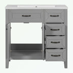 Meuble-lavabo de salle de bain 36 po en bois d'hévéa gris/blanc/noir avec évier en céramique, armoire à 2 portes et 3 tiroirs