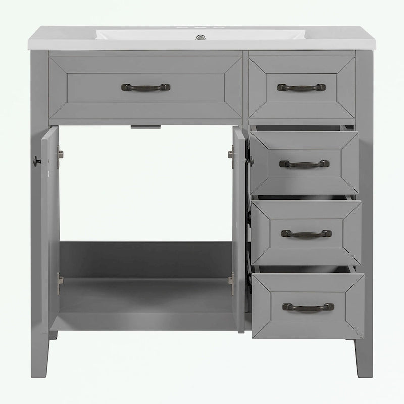 Meuble-lavabo de salle de bain 36 po en bois d'hévéa gris/blanc/noir avec évier en céramique, armoire à 2 portes et 3 tiroirs