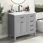 Meuble-lavabo de salle de bain 36 po en bois d'hévéa gris/blanc/noir avec évier en céramique, armoire à 2 portes et 3 tiroirs