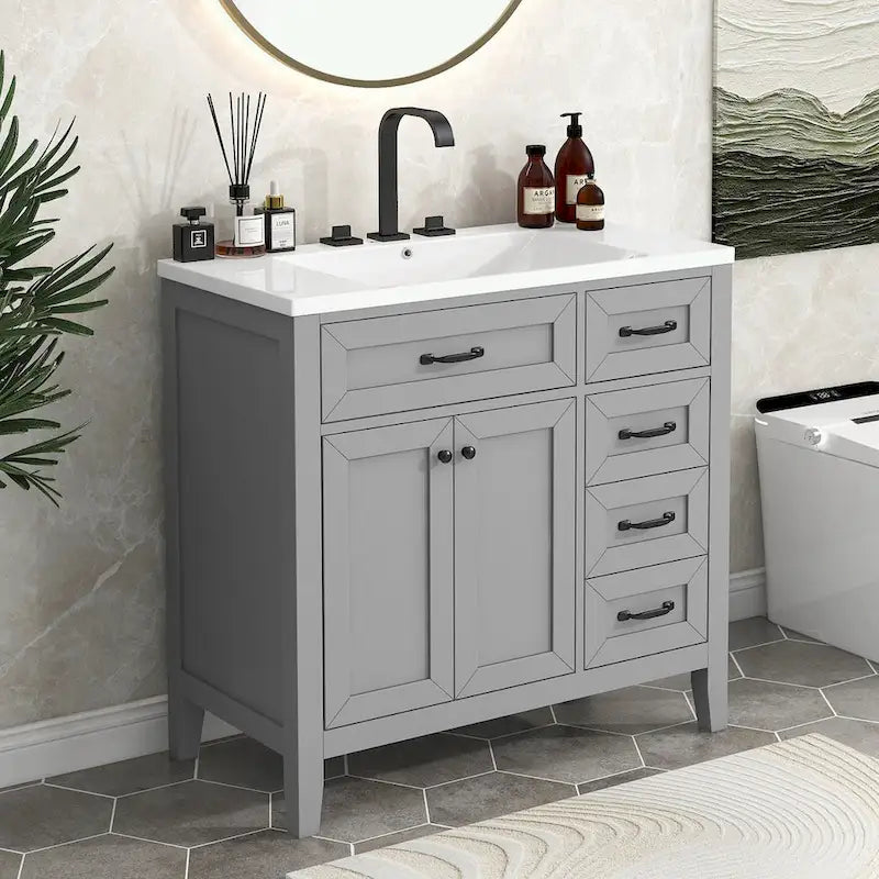 Meuble-lavabo de salle de bain 36 po en bois d'hévéa gris/blanc/noir avec évier en céramique, armoire à 2 portes et 3 tiroirs