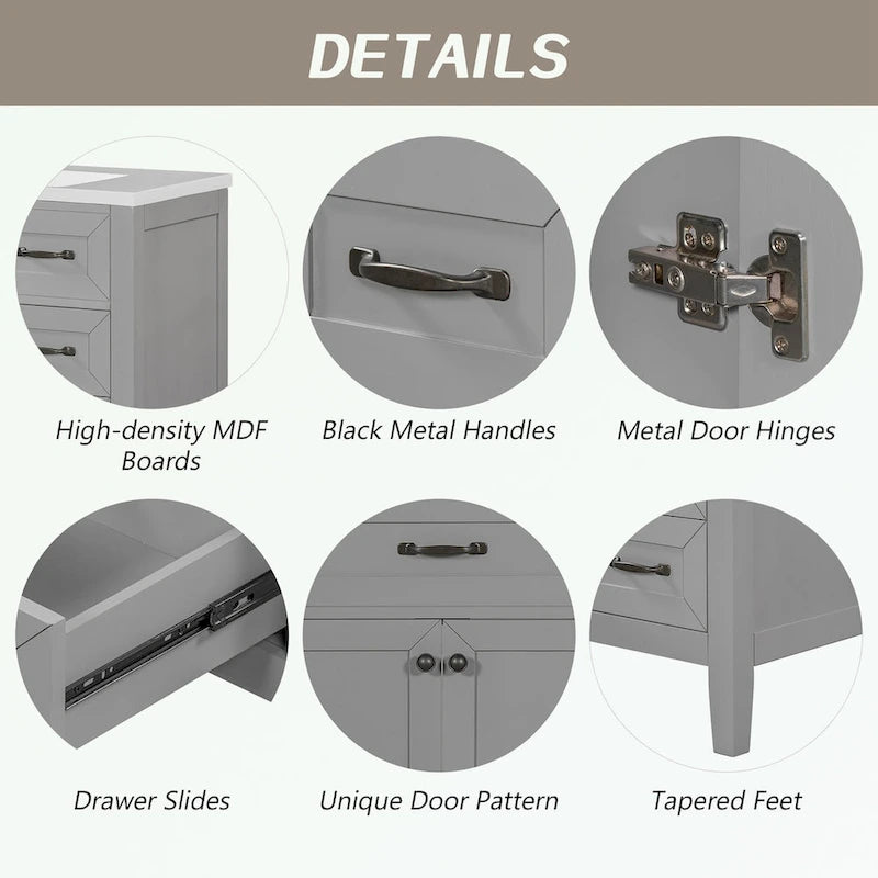 Meuble-lavabo de salle de bain 36 po en bois d'hévéa gris/blanc/noir avec évier en céramique, armoire à 2 portes et 3 tiroirs