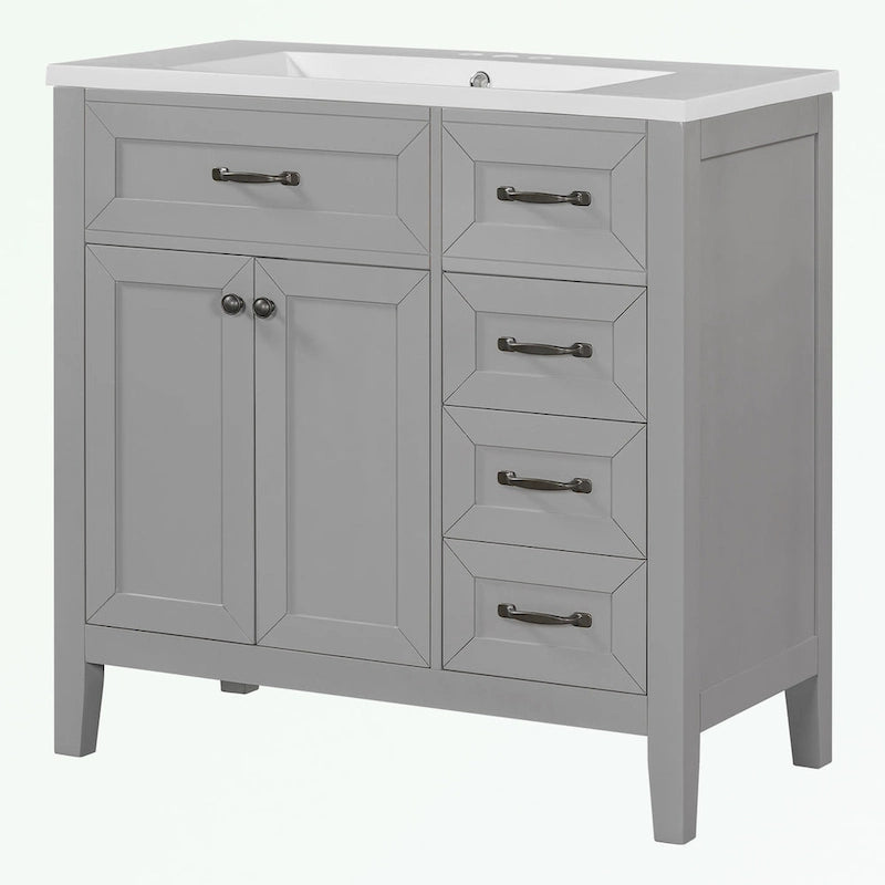 Meuble-lavabo de salle de bain 36 po en bois d'hévéa gris/blanc/noir avec évier en céramique, armoire à 2 portes et 3 tiroirs
