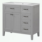 Meuble-lavabo de salle de bain 36 po en bois d'hévéa gris/blanc/noir avec évier en céramique, armoire à 2 portes et 3 tiroirs