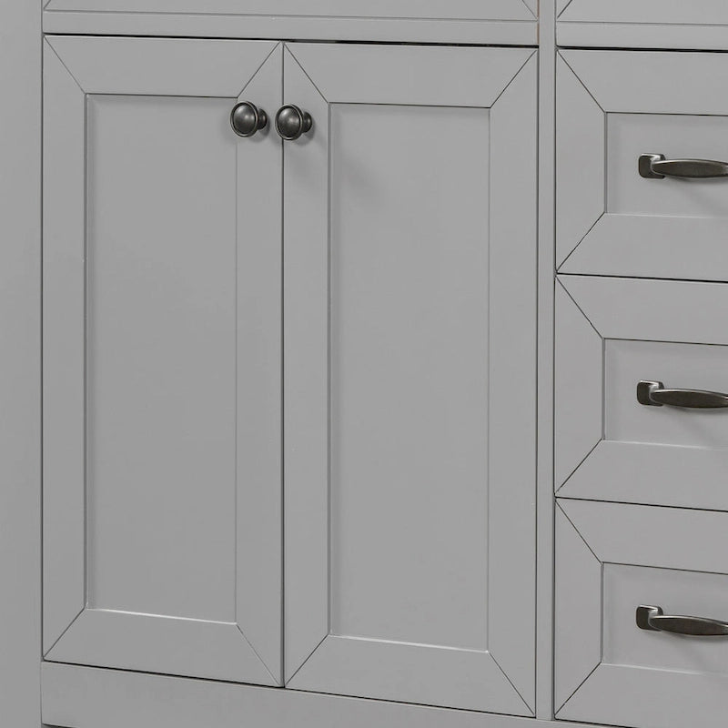 Meuble-lavabo de salle de bain 36 po en bois d'hévéa gris/blanc/noir avec évier en céramique, armoire à 2 portes et 3 tiroirs