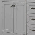 Meuble-lavabo de salle de bain 36 po en bois d'hévéa gris/blanc/noir avec évier en céramique, armoire à 2 portes et 3 tiroirs