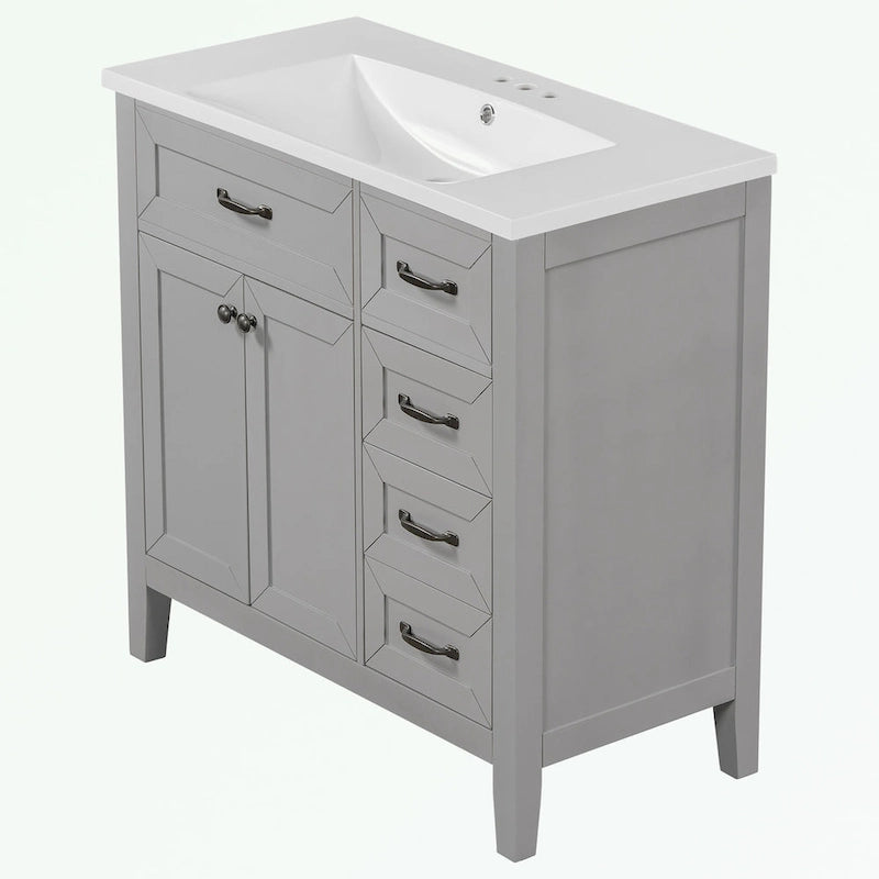 Meuble-lavabo de salle de bain 36 po en bois d'hévéa gris/blanc/noir avec évier en céramique, armoire à 2 portes et 3 tiroirs