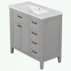Meuble-lavabo de salle de bain 36 po en bois d'hévéa gris/blanc/noir avec évier en céramique, armoire à 2 portes et 3 tiroirs