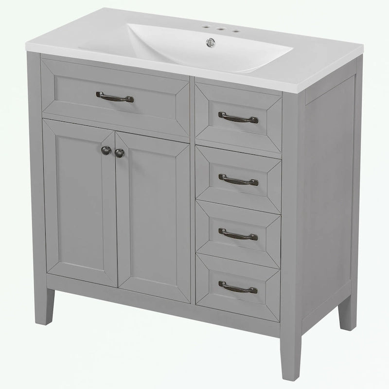 Meuble-lavabo de salle de bain 36 po en bois d'hévéa gris/blanc/noir avec évier en céramique, armoire à 2 portes et 3 tiroirs