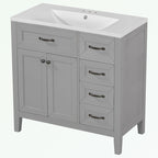 Meuble-lavabo de salle de bain 36 po en bois d'hévéa gris/blanc/noir avec évier en céramique, armoire à 2 portes et 3 tiroirs