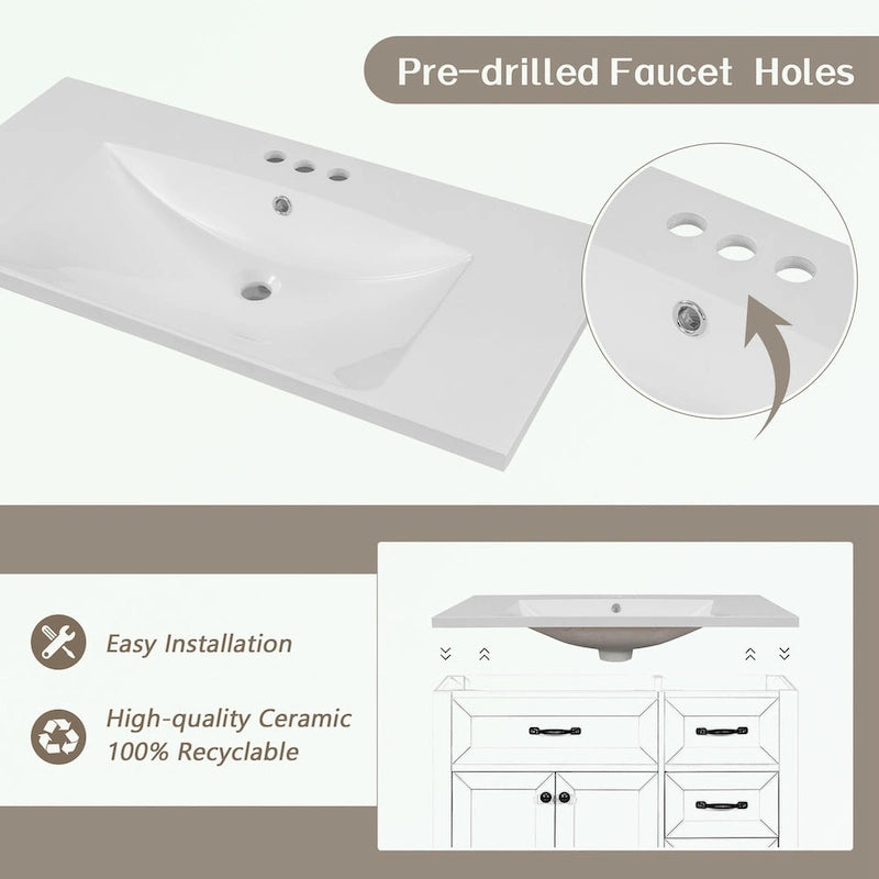 Meuble-lavabo de salle de bain 36 po en bois d'hévéa gris/blanc/noir avec évier en céramique, armoire à 2 portes et 3 tiroirs