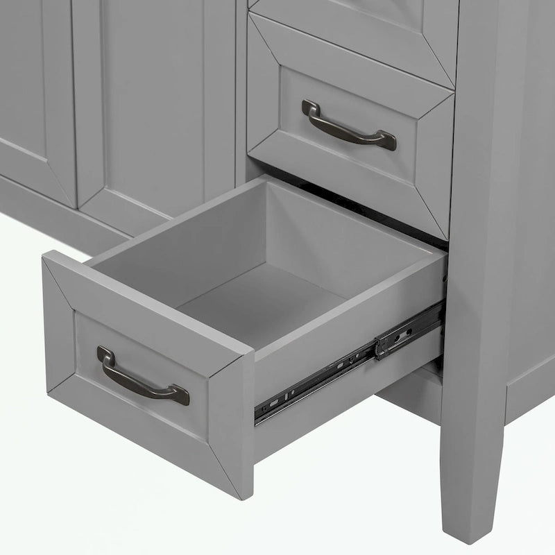 Meuble-lavabo de salle de bain 36 po en bois d'hévéa gris/blanc/noir avec évier en céramique, armoire à 2 portes et 3 tiroirs