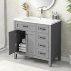 Meuble-lavabo de salle de bain 36 po en bois d'hévéa gris/blanc/noir avec évier en céramique, armoire à 2 portes et 3 tiroirs