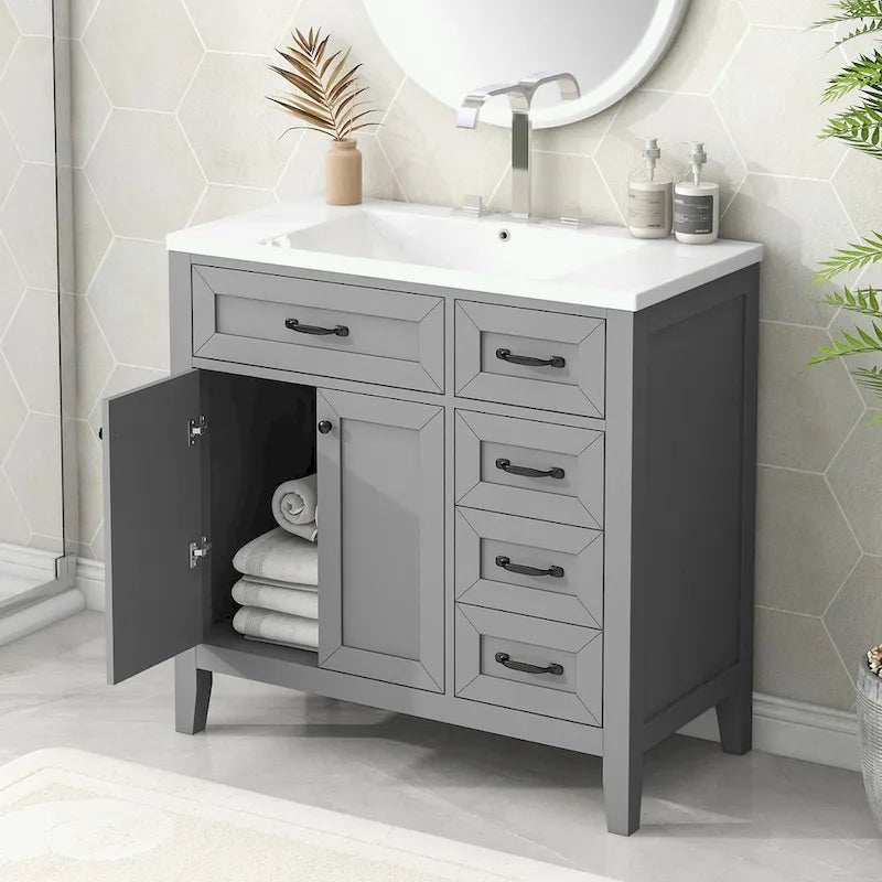 Meuble-lavabo de salle de bain 36 po en bois d'hévéa gris/blanc/noir avec évier en céramique, armoire à 2 portes et 3 tiroirs
