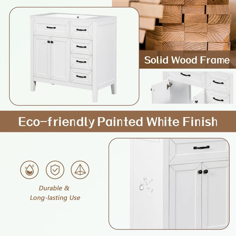 Meuble-lavabo de salle de bain 36 po en bois d'hévéa gris/blanc/noir avec évier en céramique, armoire à 2 portes et 3 tiroirs