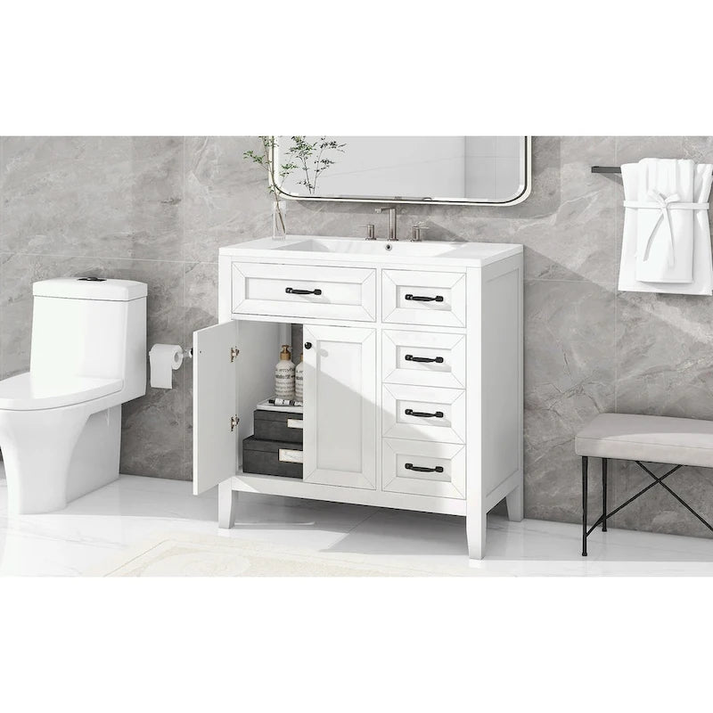 Meuble-lavabo de salle de bain 36 po en bois d'hévéa gris/blanc/noir avec évier en céramique, armoire à 2 portes et 3 tiroirs