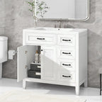 Meuble-lavabo de salle de bain 36 po en bois d'hévéa gris/blanc/noir avec évier en céramique, armoire à 2 portes et 3 tiroirs