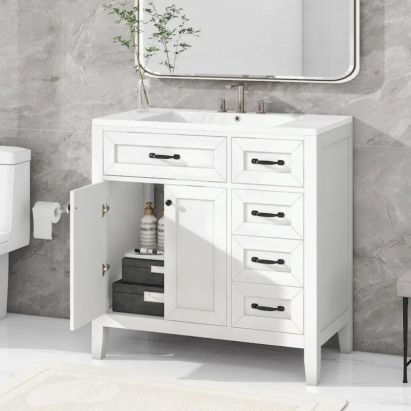 Meuble-lavabo de salle de bain 36 po en bois d'hévéa gris/blanc/noir avec évier en céramique, armoire à 2 portes et 3 tiroirs