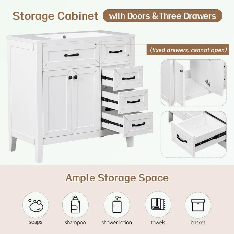 Meuble-lavabo de salle de bain 36 po en bois d'hévéa gris/blanc/noir avec évier en céramique, armoire à 2 portes et 3 tiroirs