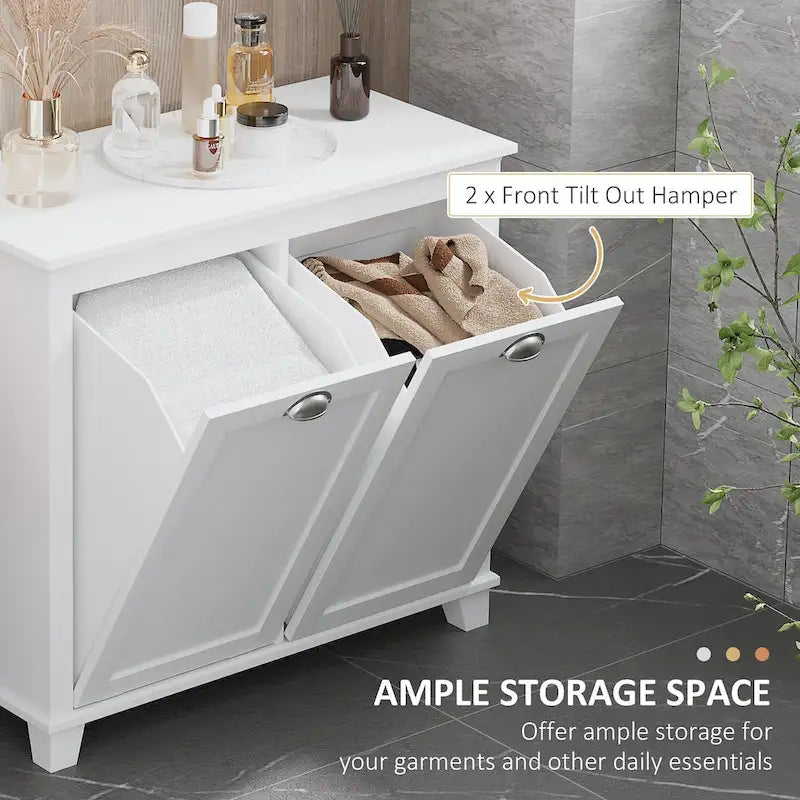 Meuble de salle de bain blanc en MDF avec 2 paniers à linge inclinables et 2 placards de rangement