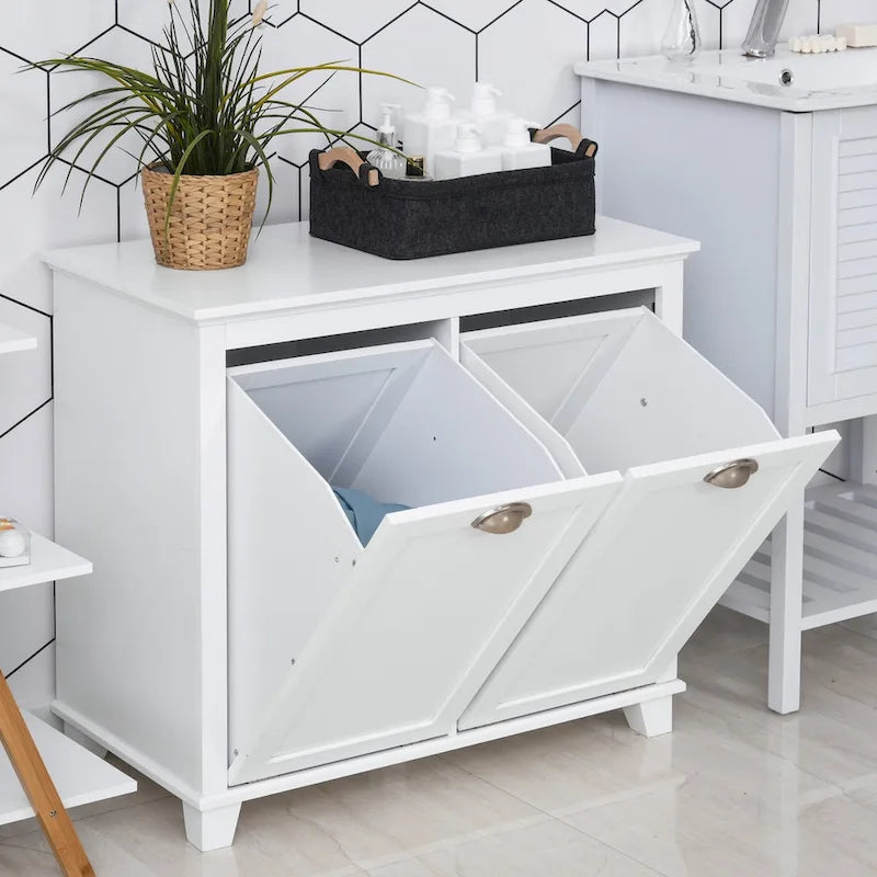 Meuble de salle de bain blanc en MDF avec 2 paniers à linge inclinables et 2 placards de rangement