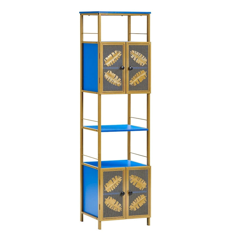 Meuble de rangement haut autoportant en métal peint noir et bleu avec 2 portes et compartiments ouverts