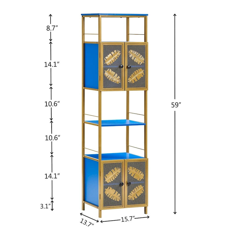 Meuble de rangement haut autoportant en métal peint noir et bleu avec 2 portes et compartiments ouverts