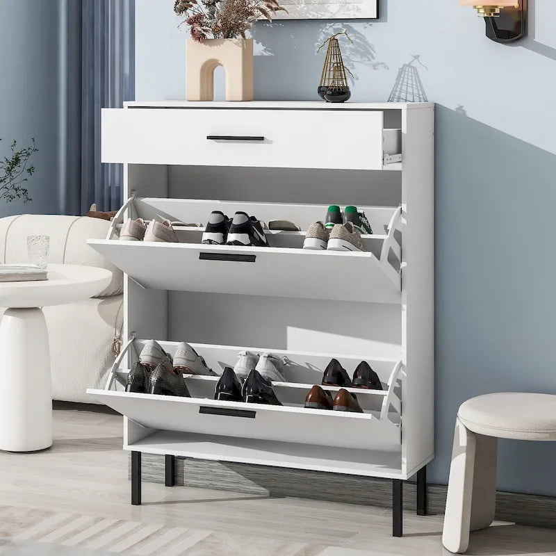 Meuble à chaussures en aggloméré blanc avec 2 tiroirs basculants et pieds en métal