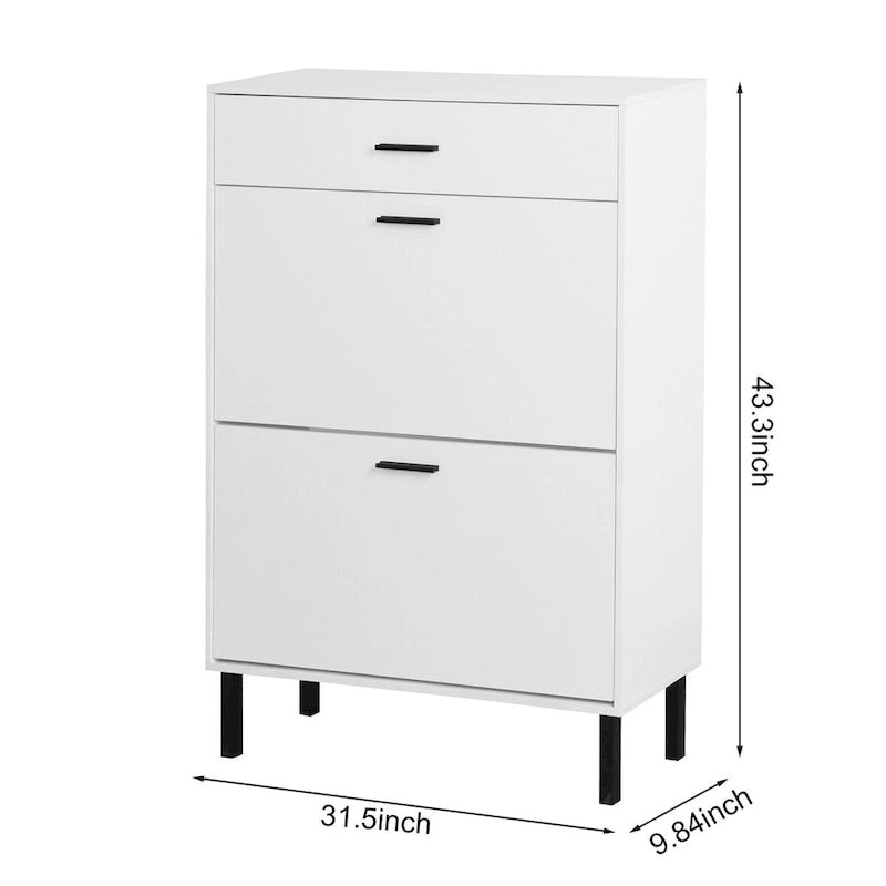 Meuble à chaussures en aggloméré blanc avec 2 tiroirs basculants et pieds en métal