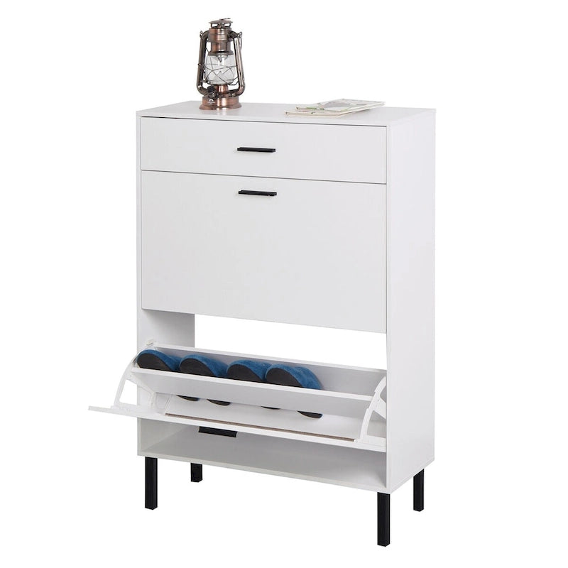 Meuble à chaussures en aggloméré blanc avec 2 tiroirs basculants et pieds en métal