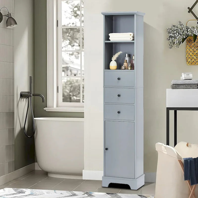 Meuble de salle de bain haut et étroit en bois gris/blanc avec 1 étagère ouverte, 3 tiroirs et 1 porte
