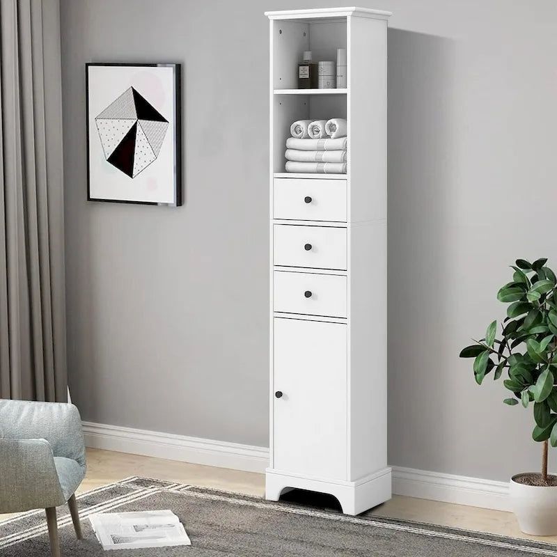Meuble de salle de bain haut et étroit en bois gris/blanc avec 1 étagère ouverte, 3 tiroirs et 1 porte