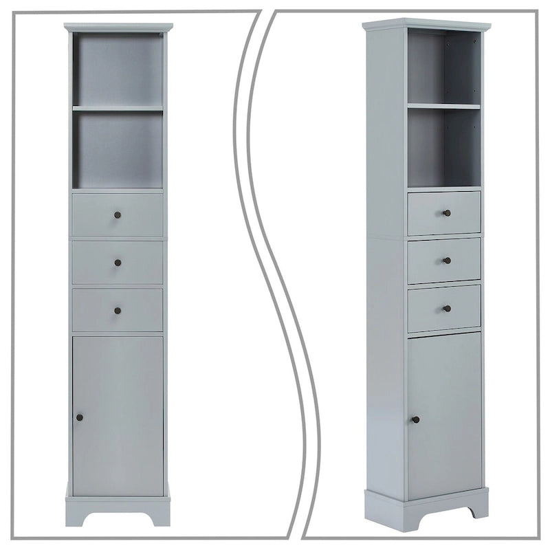 Meuble de salle de bain haut et étroit en bois gris/blanc avec 1 étagère ouverte, 3 tiroirs et 1 porte