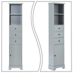 Meuble de salle de bain haut et étroit en bois gris/blanc avec 1 étagère ouverte, 3 tiroirs et 1 porte
