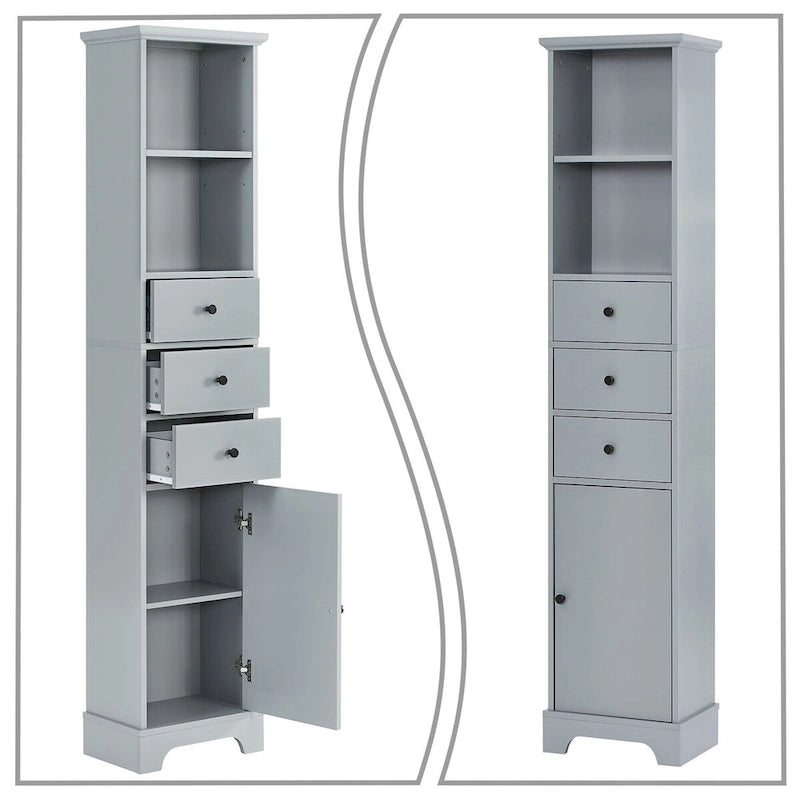 Meuble de salle de bain haut et étroit en bois gris/blanc avec 1 étagère ouverte, 3 tiroirs et 1 porte