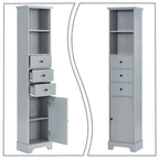 Meuble de salle de bain haut et étroit en bois gris/blanc avec 1 étagère ouverte, 3 tiroirs et 1 porte