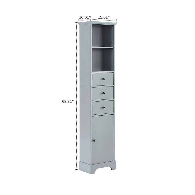 Meuble de salle de bain haut et étroit en bois gris/blanc avec 1 étagère ouverte, 3 tiroirs et 1 porte