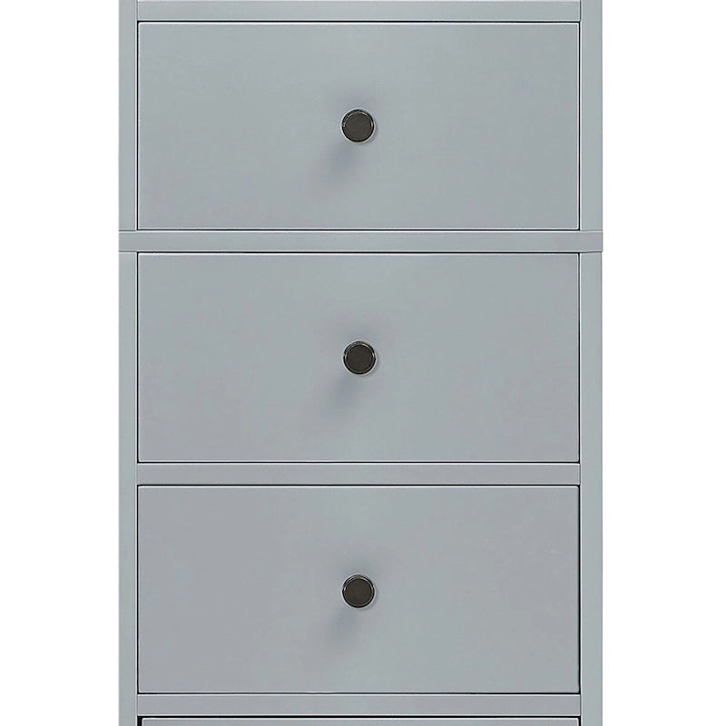 Meuble de salle de bain haut et étroit en bois gris/blanc avec 1 étagère ouverte, 3 tiroirs et 1 porte