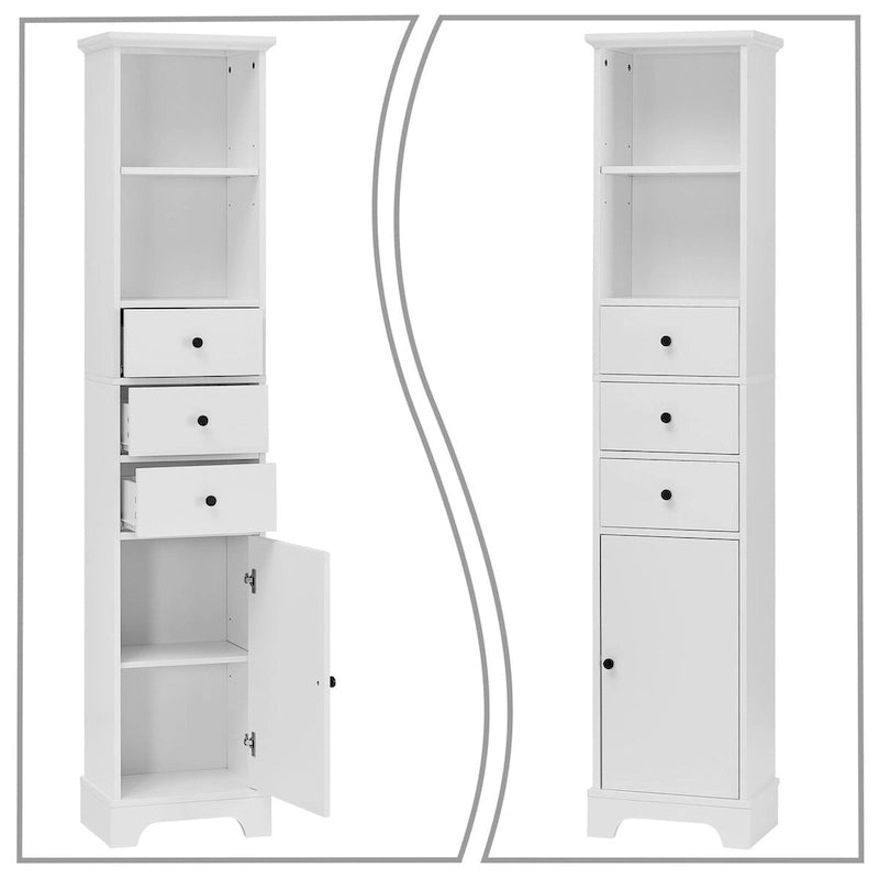 Meuble de salle de bain haut et étroit en bois gris/blanc avec 1 étagère ouverte, 3 tiroirs et 1 porte