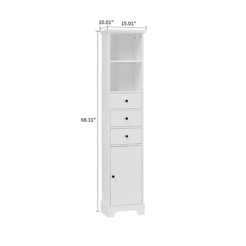 Meuble de salle de bain haut et étroit en bois gris/blanc avec 1 étagère ouverte, 3 tiroirs et 1 porte