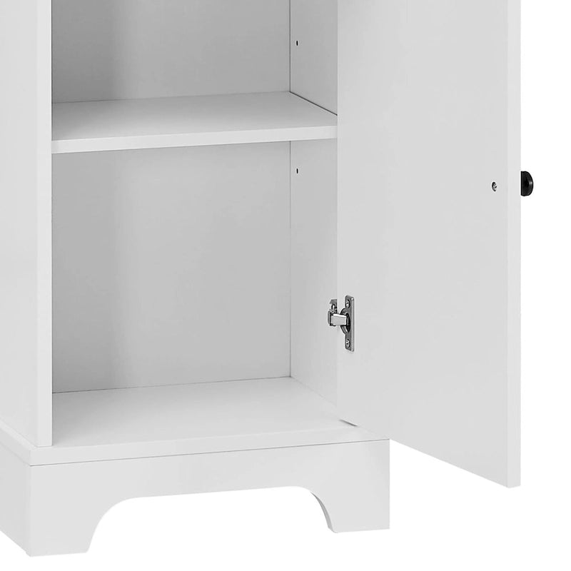 Meuble de salle de bain haut et étroit en bois gris/blanc avec 1 étagère ouverte, 3 tiroirs et 1 porte