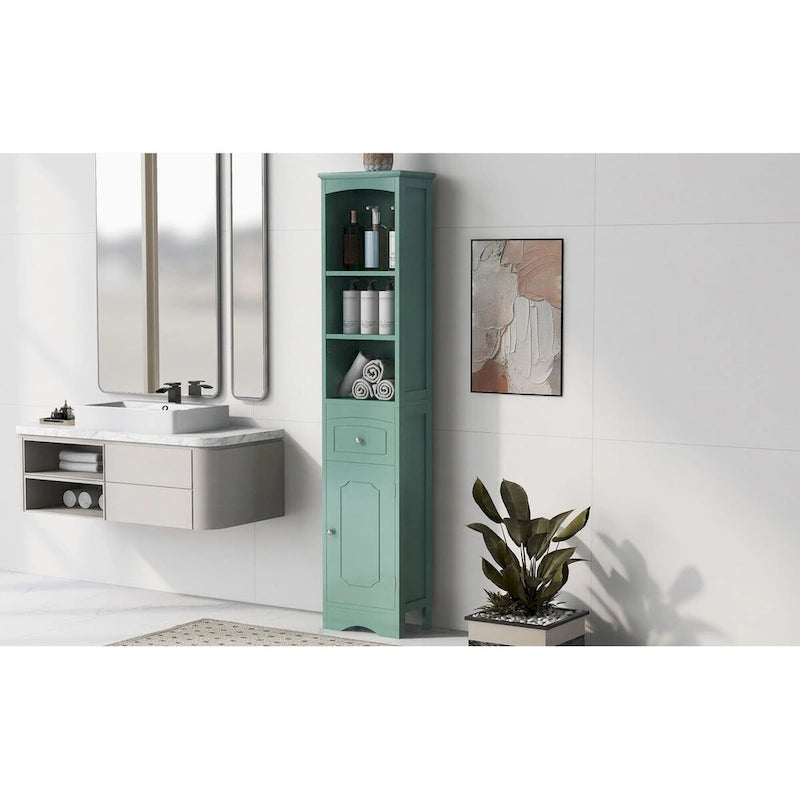 Meuble de salle de bain haut sur pied en MDF peint en vert avec 1 tiroir, 1 porte et 3 étagères ouvertes