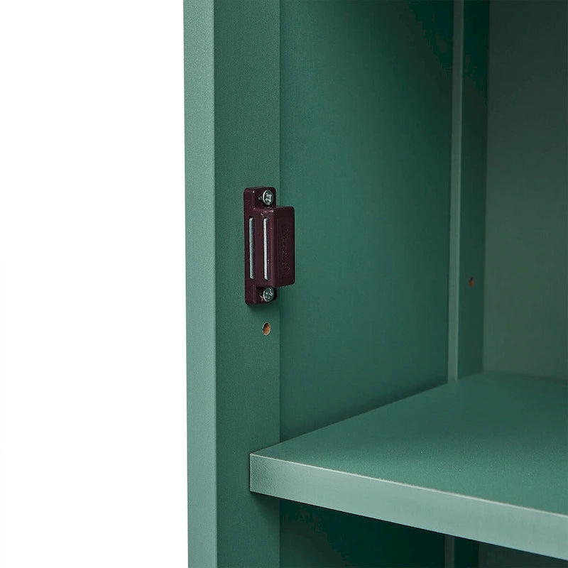 Meuble de salle de bain haut sur pied en MDF peint en vert avec 1 tiroir, 1 porte et 3 étagères ouvertes