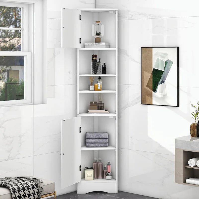 Meuble d'angle de salle de bain haut en MDF blanc avec 2 portes et étagères réglables