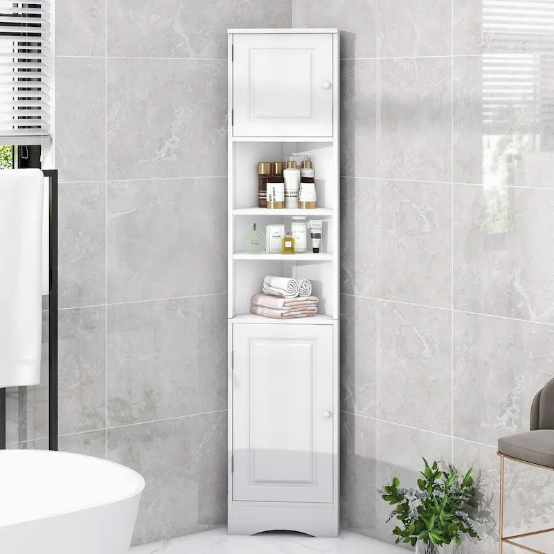 Meuble d'angle de salle de bain haut en MDF blanc avec 2 portes et étagères réglables