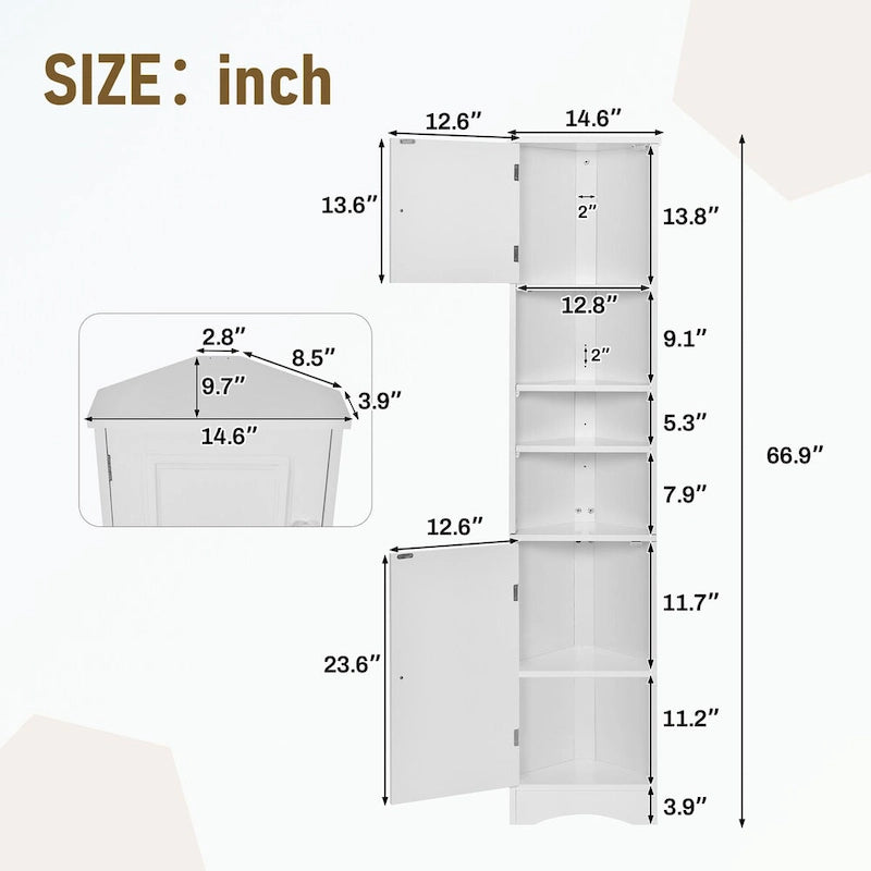 Meuble d'angle de salle de bain haut en MDF blanc avec 2 portes et étagères réglables