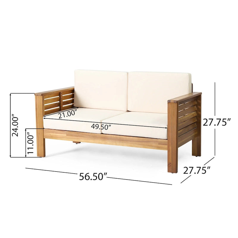 Ensemble causeuse et table basse d'extérieur en bois d'acacia avec coussins